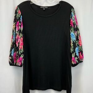 NWT Kim & Cami Womens Blouse Black Multicolor Floral 3/4 Sleeve Scoop Neck L